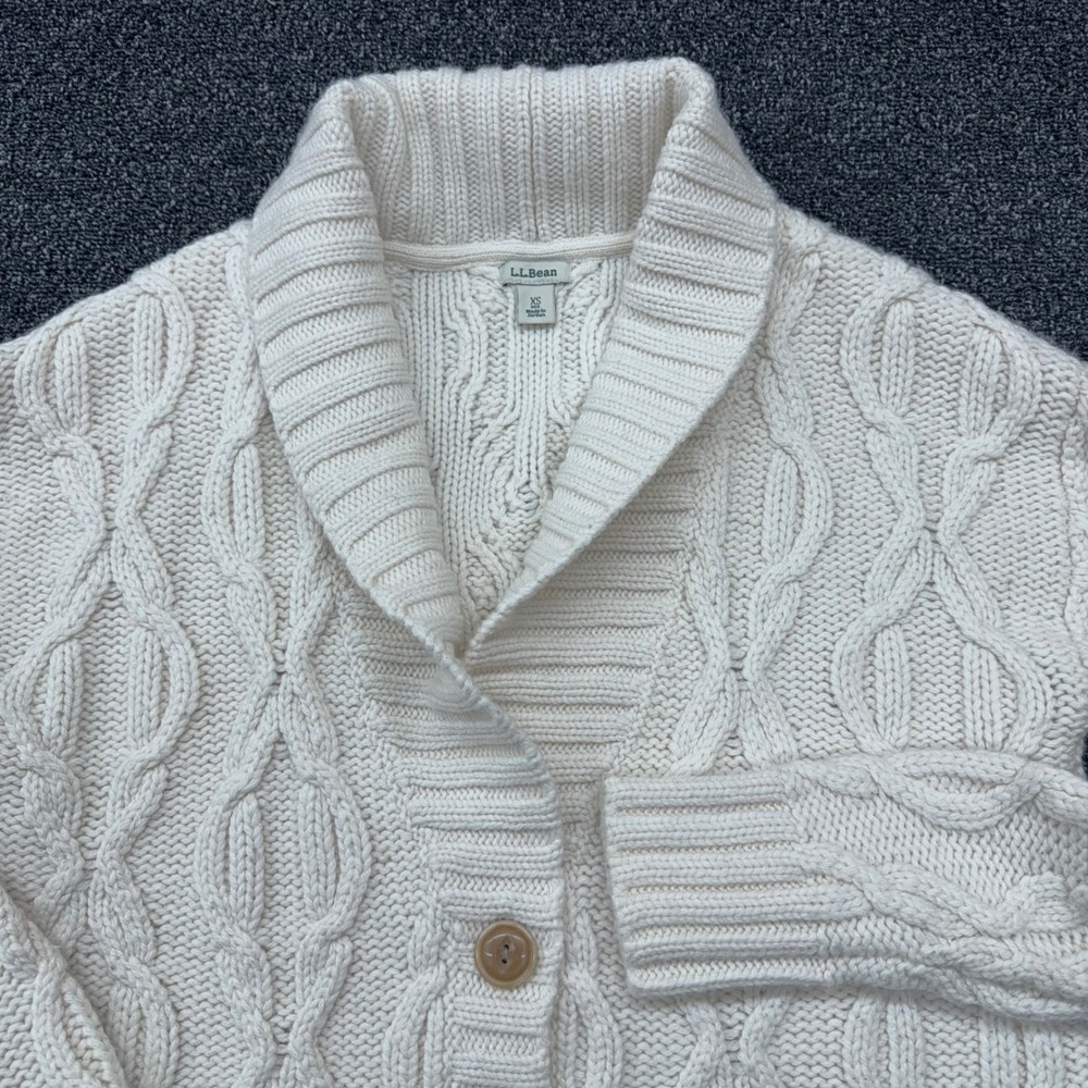 LL Bean Women XS Cream Cable Knit Wool Blend Shawl Collar Fisherman Cardigan - Picture 2 of 10